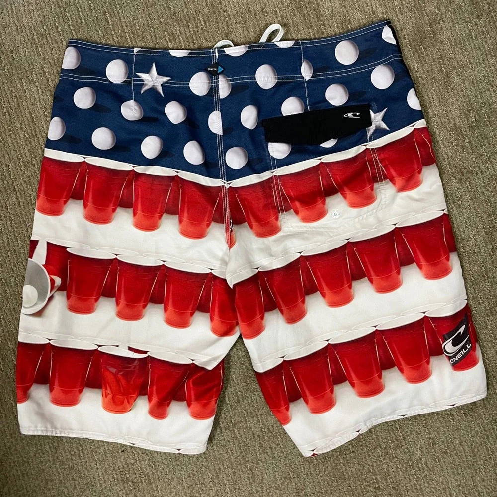 O'Neill Board Shorts Mens 38 Red Blue Solo Cup Beer Pong‎ Flag Patriotic Frat